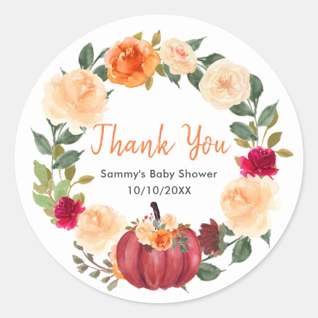 Sticker Rond Floral Automne Citrouille Baby shower Merci (Devant)