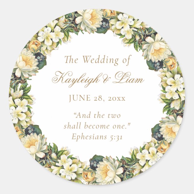 Sticker Rond Floral blanc Bible Verse Mariage chrétien (Devant)