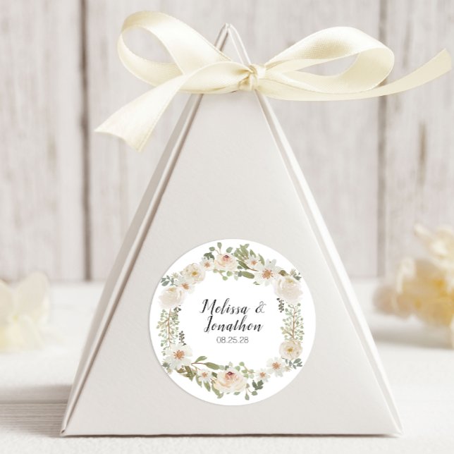 Sticker Rond Floral blanc Élégant Mariage romantique (Créateur téléchargé)