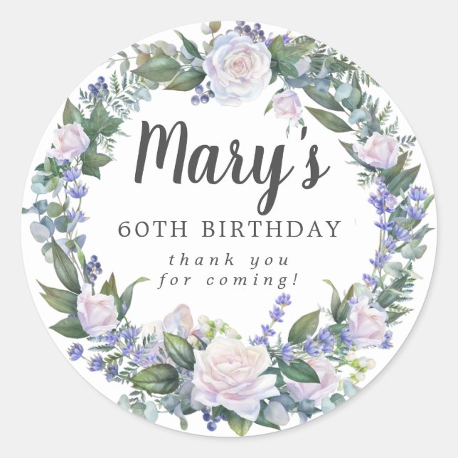 Sticker Rond Floral bleu blanc 60e anniversaire Merci (Devant)
