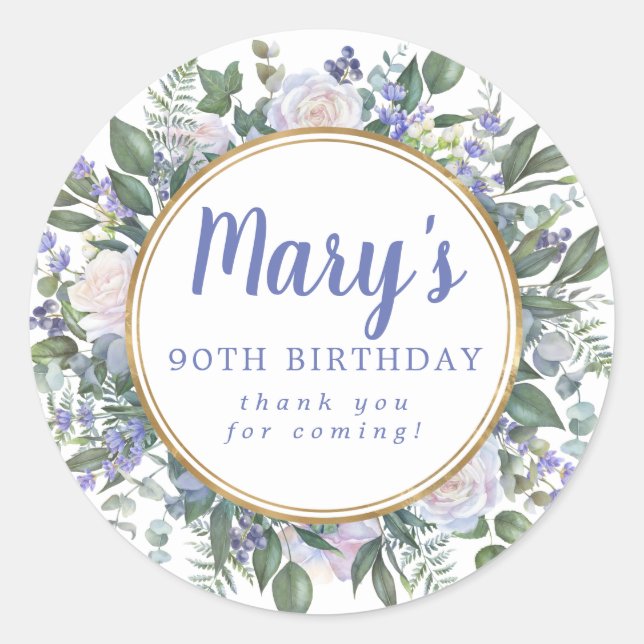 Sticker Rond Floral bleu blanc 90e anniversaire Merci (Devant)