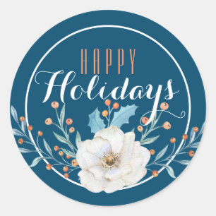 Sticker Rond Floral Bleu & Blanc Joyeux Vacances / Bleu