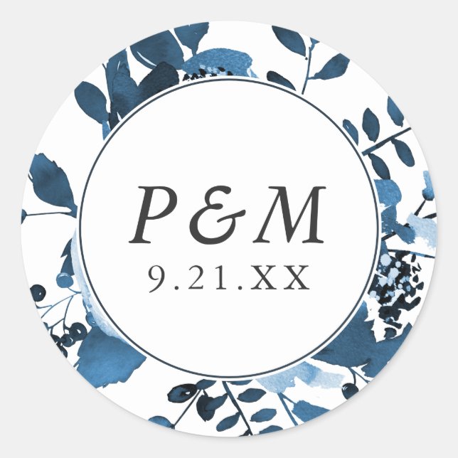 Sticker Rond Floral bleu et blanc avec Mariage Monogramme (Devant)