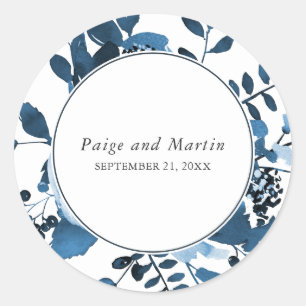 Sticker Rond Floral bleu et blanc Enregistrer le Mariage date