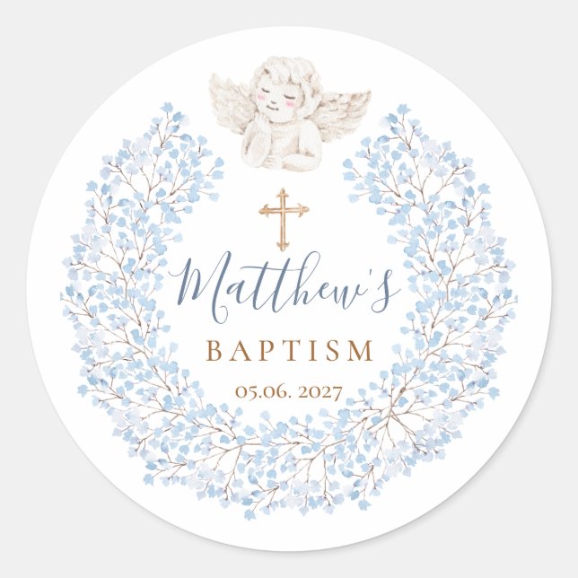 Sticker Rond Floral Blue Baby Angel Croix Baptême (Devant)
