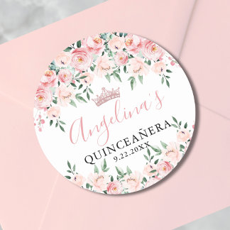 Sticker Rond Floral Blush rose Quinceañera fête d'anniversaire