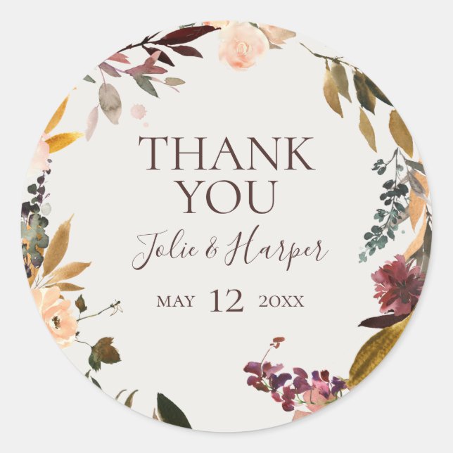 Sticker Rond Floral Bourgogne | Faveur de mariage Merci beige (Devant)