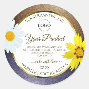 Sticker Rond Floral Brown Bleu Parties scintillant Blanc Produi
