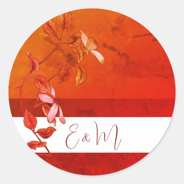 Sticker Rond Floral Brûlé Orange Rustique Terracotta Monogramme (Devant)