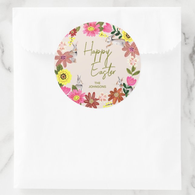 Sticker Rond Floral Bunny Happy Easter Spring Gift (Sac)