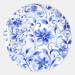 Sticker Rond Floral Chinoiserie bleu et blanc