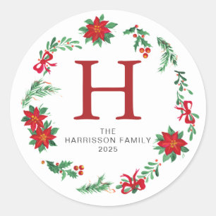 Sticker Rond Floral Christmas Wreath Family Nom monogramme