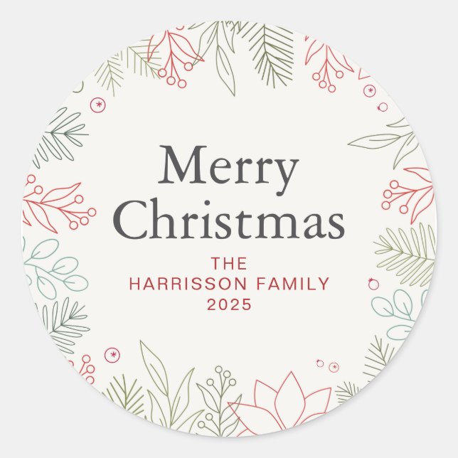 Sticker Rond Floral Christmas Wreath Nom de famille (Devant)