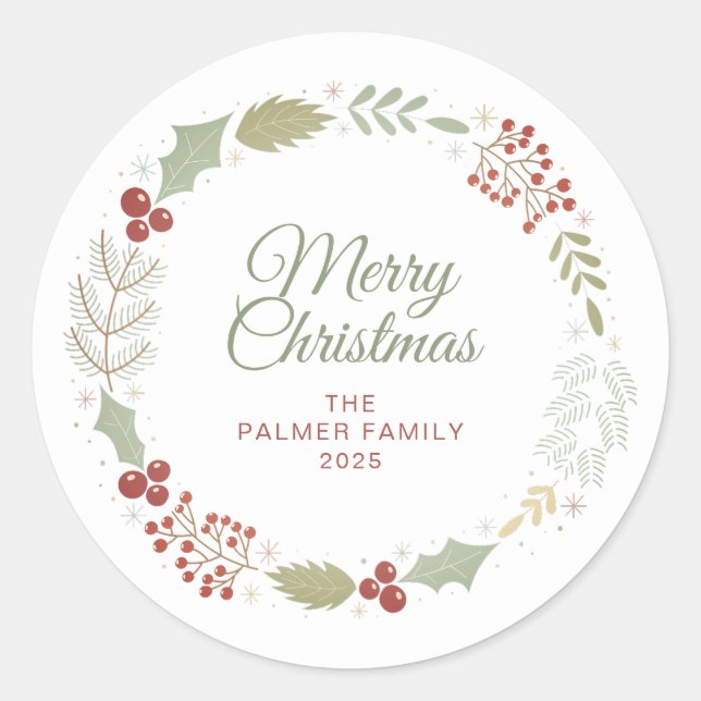 Sticker Rond Floral Christmas Wreath Nom de famille (Devant)