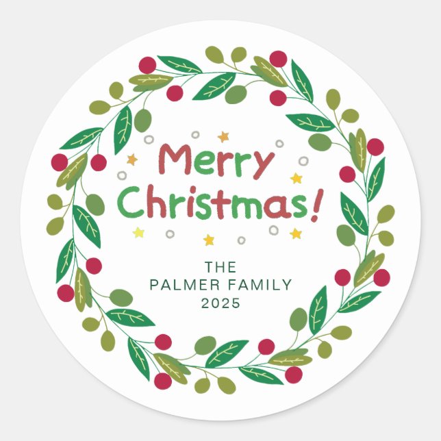 Sticker Rond Floral Christmas Wreath Nom de famille (Devant)