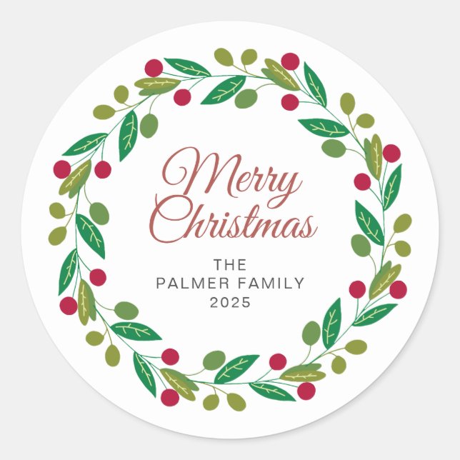 Sticker Rond Floral Christmas Wreath Nom de famille (Devant)