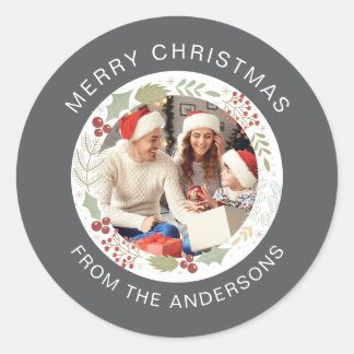 Sticker Rond Floral Christmas Wreath Photo Nom de famille