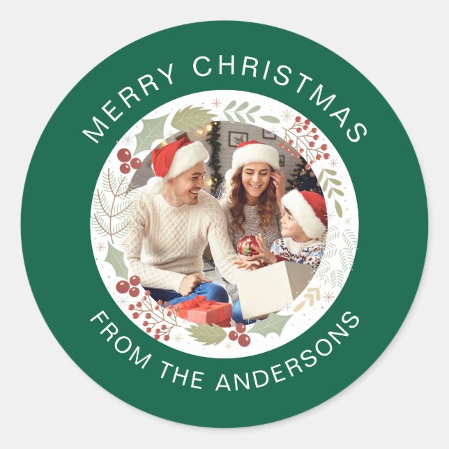 Sticker Rond Floral Christmas Wreath Photo Nom de famille (Devant)