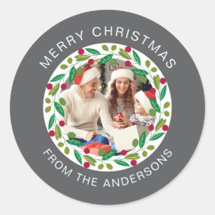 Sticker Rond Floral Christmas Wreath Photo Nom de famille