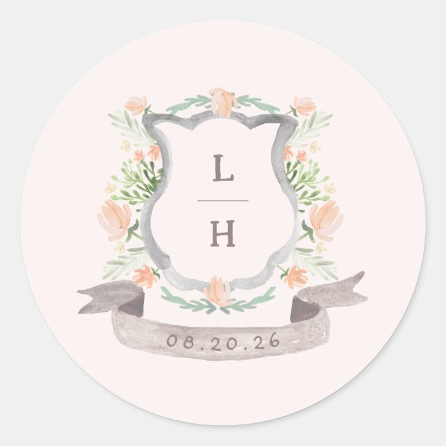Sticker Rond Floral Crest Aquarelle Monogramme Mariage (Devant)
