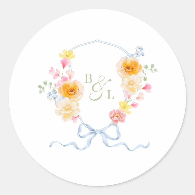 Sticker Rond Floral Crest Monogram Blue Bow Spring Wedding (Devant)