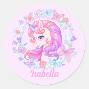 Sticker Rond Floral Cute Unicorn Papillon Personnalisé Nom