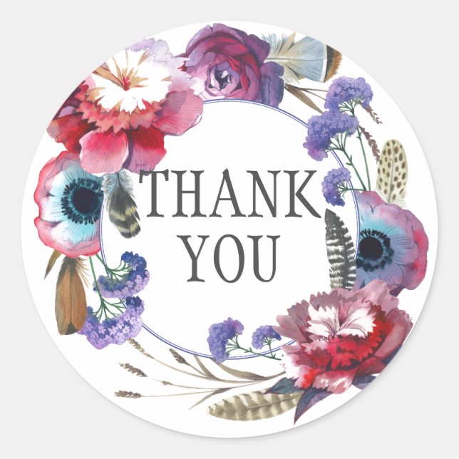 Sticker Rond Floral de pivoine fleur sauvage avec plumes | MERC (Devant)