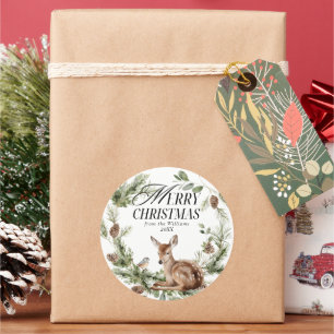 Sticker Rond Floral Deer Élégant Joyeux Noël Moderne