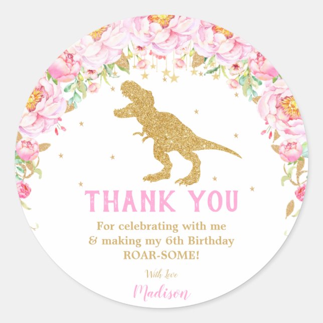 Sticker Rond Floral Dinosaur Merci Faveur fille T-rex (Devant)