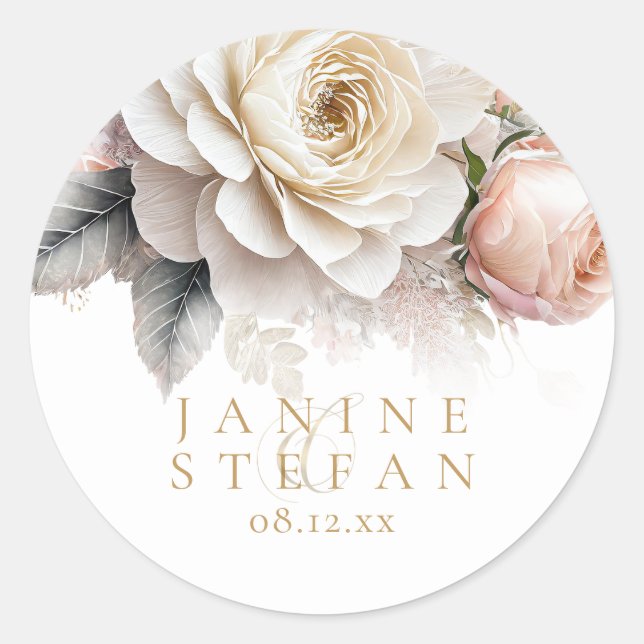 Sticker Rond Floral Drama Mariage Noms White ID1022 (Devant)