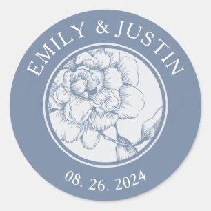Sticker Rond Floral Dusty Blue Mariage élégant