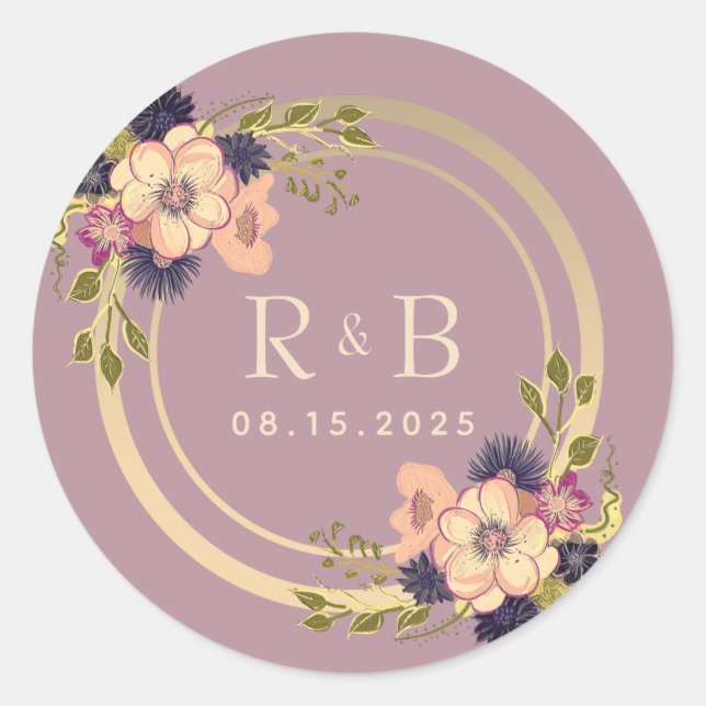 Sticker Rond Floral Dusty Rose Monogram Mariage (Devant)