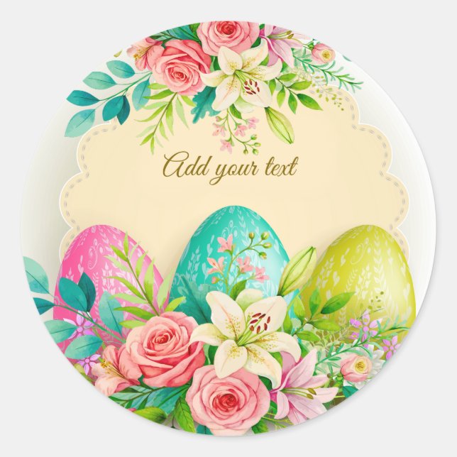 Sticker Rond Floral Easter Eggs & Spring Roses Personalized (Devant)