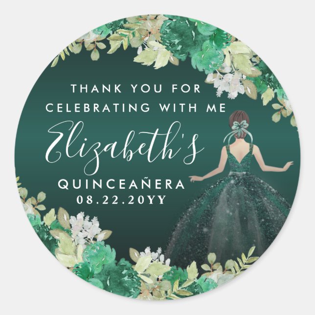 Sticker Rond Floral Emerald Green Anniversaire Merci Quinceaner (Devant)