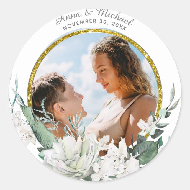 Sticker Rond *~* Floral Fleurs blanches Mariage PHOTO Ballons (Devant)