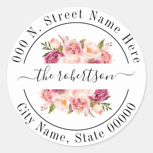 Sticker Rond Floral fleurs roses boho chic adresse de retour (Devant)