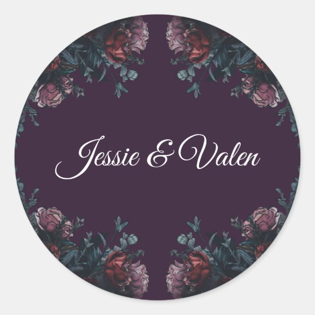 Sticker Rond Floral foncé violet élégant Mariage Maroon Mauve (Devant)