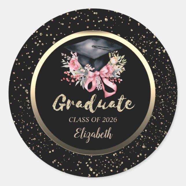 Sticker Rond Floral Grad Cap Pink Bow Confetti   (Devant)