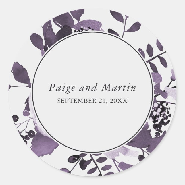 Sticker Rond Floral gris et violet Enregistrer la date Mariage (Devant)
