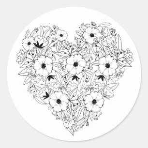 Sticker Rond Floral Heart Anemones Black White Flowers Mariage
