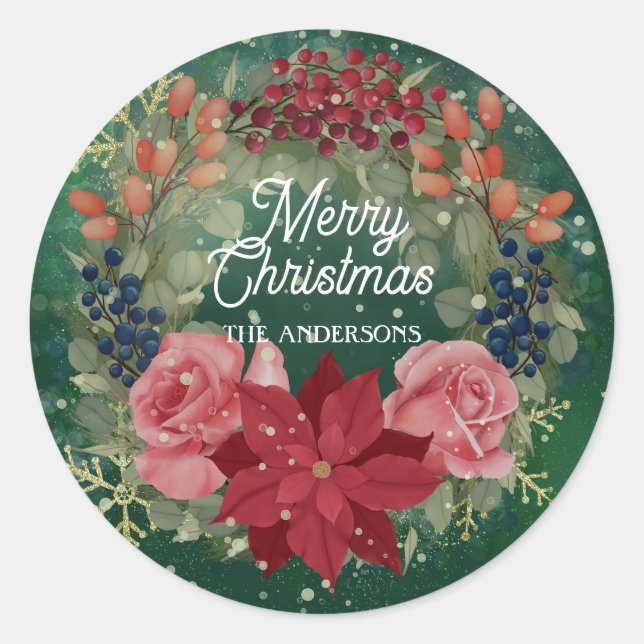 Sticker Rond Floral hiver aquarelle couronne poinsettia roses (Devant)