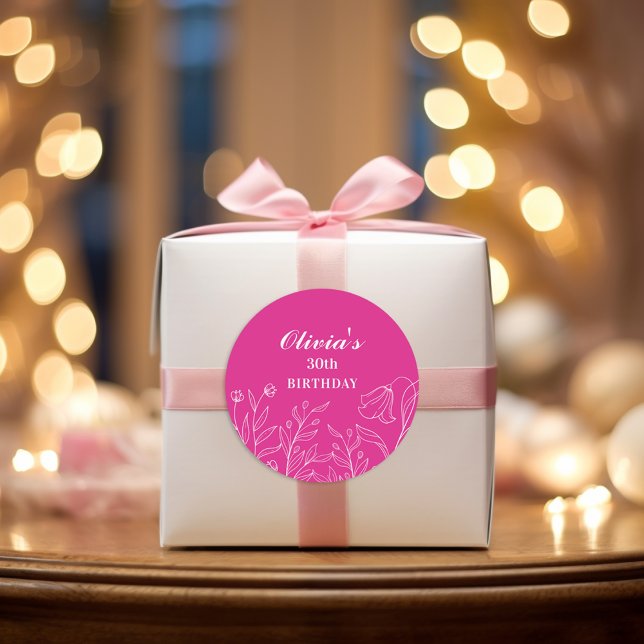 Sticker Rond Floral Hot rose 30e anniversaire Elégant (Créateur téléchargé)