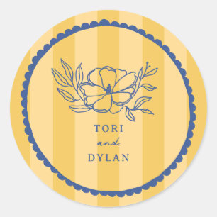 Sticker Rond Floral Jaune Stripe Botanique Bleu Mariage