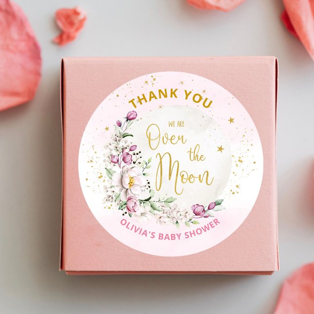 Sticker Rond Floral Lune Baby shower rose Merci (Créateur téléchargé)
