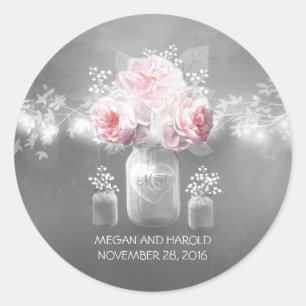 Sticker Rond Floral Mason Jar Gris rose Mariage