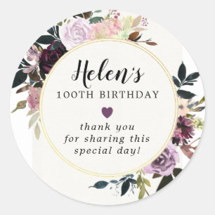 Sticker Rond Floral mauve rose 100e Merci d'anniversaire