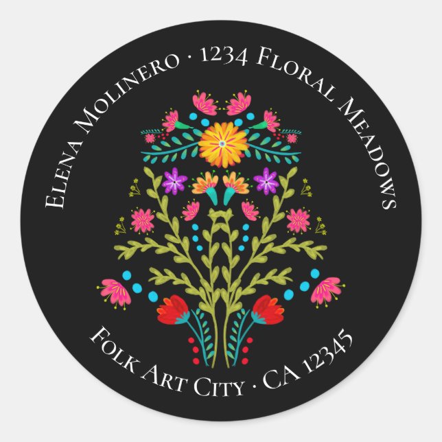 Sticker Rond Floral Mexicain Fleurs Fiesta Adresse noire (Devant)