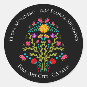 Sticker Rond Floral Mexicain Fleurs Fiesta Adresse noire