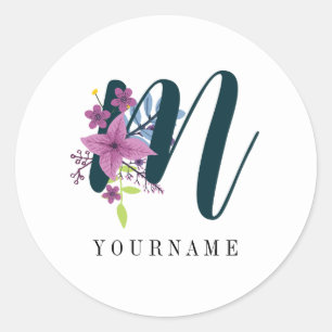 Sticker Rond Floral Monogramme M Fleur sauvage éclate