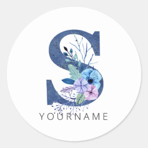 Sticker Rond Floral Monogramme S Flores Bleues Hiver